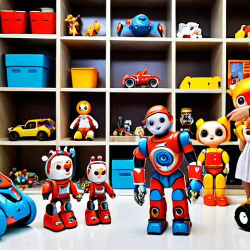 Home 4 **
"A group of Italian children, excited and smiling, are gathered around a collection of Tobot toys. The toys are displayed on shelves and on the floor, creating a vibrant and colorful scene. In the background, there are Tobot-themed posters and decorations. The style is bright and playful, reminiscent of a child's imagination."
**