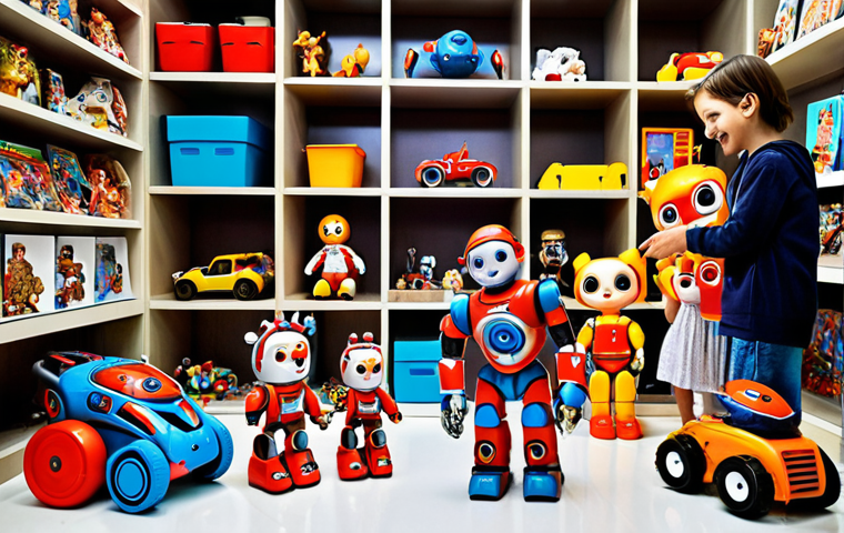 **
"A group of Italian children, excited and smiling, are gathered around a collection of Tobot toys. The toys are displayed on shelves and on the floor, creating a vibrant and colorful scene. In the background, there are Tobot-themed posters and decorations. The style is bright and playful, reminiscent of a child's imagination."
**