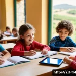 또봇과 연계된 학습자료 - A bright, modern Italian classroom with young children aged 5-7 engaged in interactive learning usin...