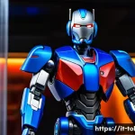 또봇 굿즈 리스트 - Highly detailed Tobot action figure posed dynamically on a sleek display stand inside a modern glass...
