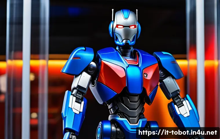 또봇 굿즈 리스트 - Highly detailed Tobot action figure posed dynamically on a sleek display stand inside a modern glass...