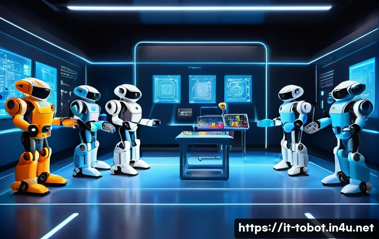 또봇 애니메이션으로 배우는 과학 - A vibrant animated scene showing a group of friendly robot characters resembling Tobot, each designe...