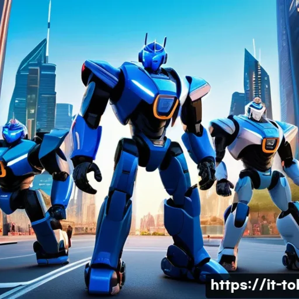 또봇 캐릭터별 성격 분석 - A dynamic scene showing Tobot Alpha leading a team of diverse Tobots in a futuristic cityscape at du...