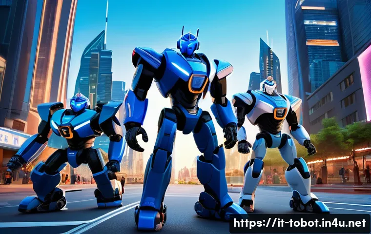 또봇 캐릭터별 성격 분석 - A dynamic scene showing Tobot Alpha leading a team of diverse Tobots in a futuristic cityscape at du...