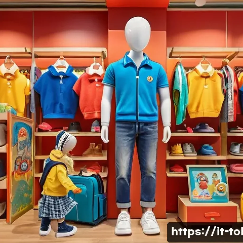 또봇의 브랜드 협업 사례 - A vibrant, colorful children’s clothing store display featuring popular Tobot characters integrated ...