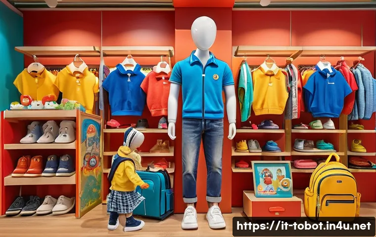 또봇의 브랜드 협업 사례 - A vibrant, colorful children’s clothing store display featuring popular Tobot characters integrated ...