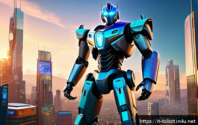 또봇 캐릭터별 목소리 비교 - A dynamic and colorful scene featuring Tobot Titan and Tobot V standing heroically in a futuristic c...