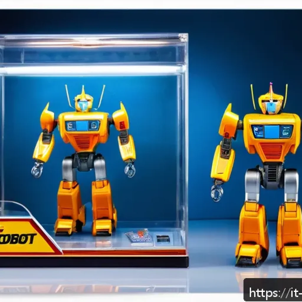 또봇 굿즈 온라인 구매처 - A high-quality Tobot collectible display scene featuring a classic transforming robot toy with intri...