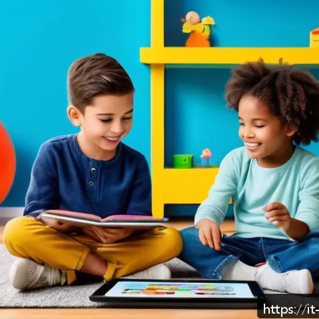 또봇과 관련된 게임 출시 - A vibrant and colorful digital playroom scene featuring two young children, a boy and a girl around ...