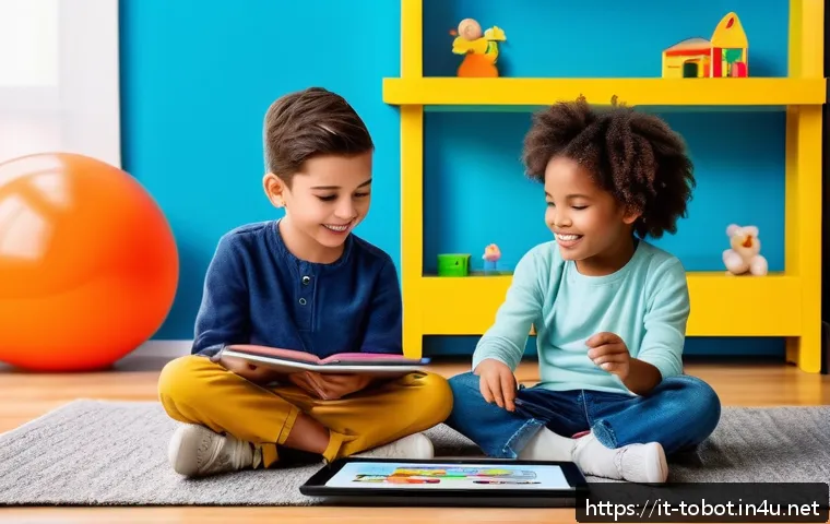 또봇과 관련된 게임 출시 - A vibrant and colorful digital playroom scene featuring two young children, a boy and a girl around ...