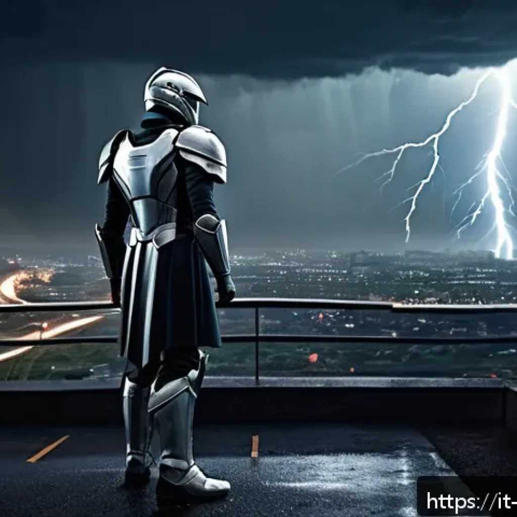 또봇 드라마틱 장면 톱10 - A dramatic scene of Min standing at a crossroads under a stormy sky, his face showing deep inner con...