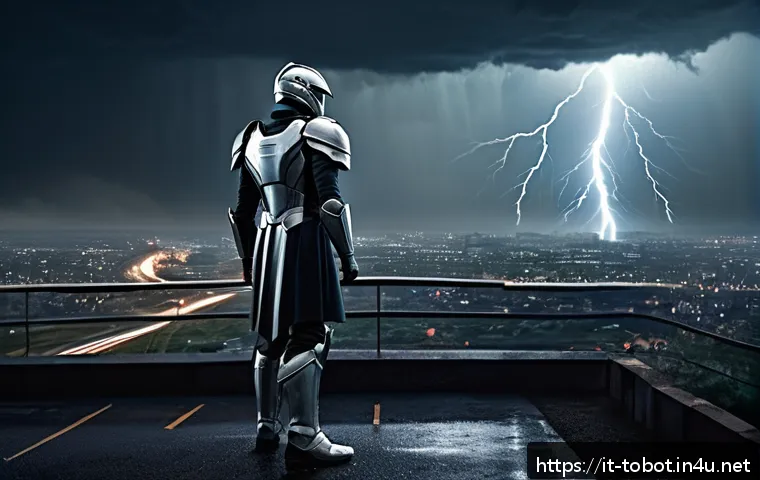 또봇 드라마틱 장면 톱10 - A dramatic scene of Min standing at a crossroads under a stormy sky, his face showing deep inner con...
