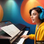 또봇 OST 가수 소개 - A vibrant recording studio scene featuring a young female singer with a bright and lively voice, res...