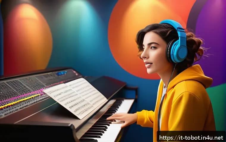 또봇 OST 가수 소개 - A vibrant recording studio scene featuring a young female singer with a bright and lively voice, res...