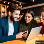 또봇 소셜미디어에서의 인기 - A vibrant digital community scene showing diverse Italian young adults engaging with content on smar...