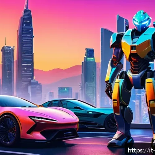 또봇 애니메이션 줄거리 정리 - A dynamic futuristic cityscape at dusk, featuring sleek, transformable robots in vibrant colors shif...