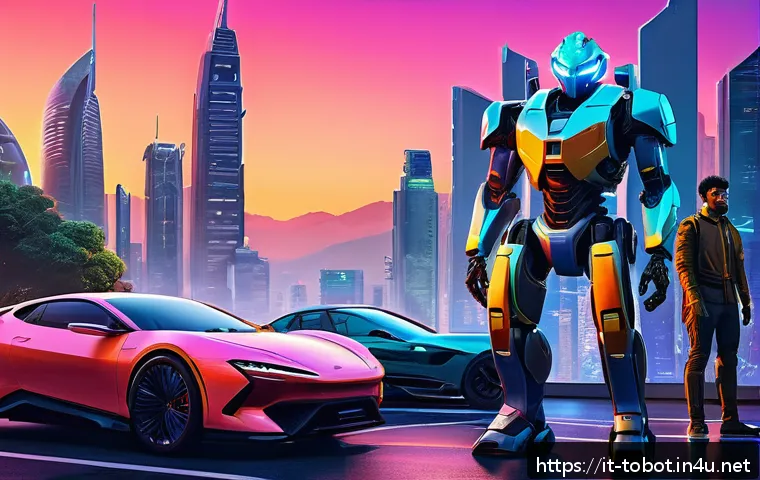 또봇 애니메이션 줄거리 정리 - A dynamic futuristic cityscape at dusk, featuring sleek, transformable robots in vibrant colors shif...