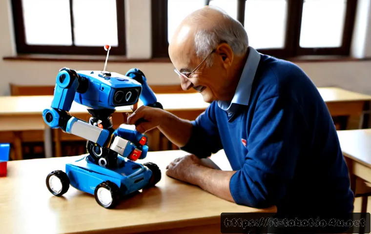 또봇과 로봇공학 연계 콘텐츠 - Photorealistic Italian primary school robotics workshop, a cheerful child and an elderly grandfather...